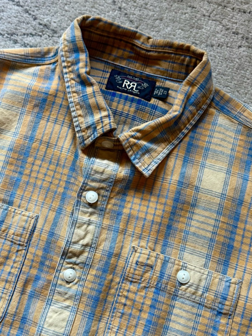 RRL  Ralph Lauren Double RL  Textured Beige Blue/ Harvest Plaid  Shirt - XL